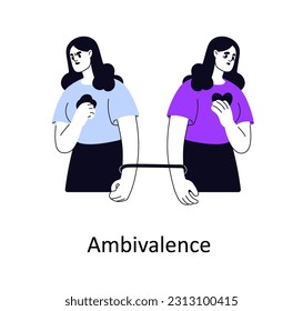 Ambivalencia, concepto de psicología. Persona con reacciones opuestas, actitud contradictoria simultánea, sentimientos encontrados. Amor vs odio. Ilustración vectorial gráfica plana aislada en fondo blanco.