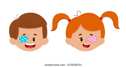 Amblyopia eye patch on boy and girl faces set isolated on white background. Cute ophthalmology kid avatar - children head icons. Flat design cartoon style vector illustration. 