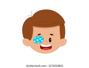 Amblyopia eye patch on boy face isolated on white background. Cute ophthalmology kid avatar - child head icon with occluder. Flat design cartoon style vector illustration. 