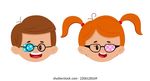 Amblyopia Eye Patch On Boy And Girl Eyeglasses Faces Set Isolated On White Background. Cute Ophthalmology Kid Avatar - Strabismus Children Head Icons. Flat Design Cartoon Style Vector Illustration. 