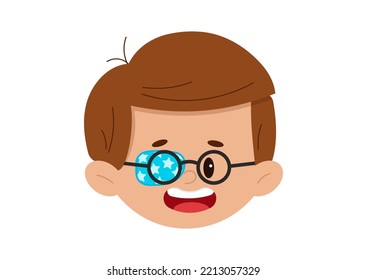 Amblyopia Eye Patch On Boy Face With Eyeglasses Isolated On White Background. Cute Ophthalmology Kid Avatar - Child Head Icon With Occluder. Flat Design Cartoon Style Vector Illustration. 