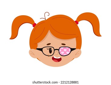 Amblyopia Eye Patch On Eyeglasses Girl Face Isolated On White Background. Cute Ophthalmology Kid Avatar - Child Head Icon For Lazy Eye Treatment. Flat Design Cartoon Style Vector Illustration. 