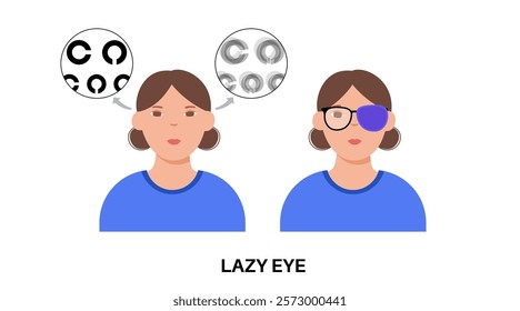 Amblyopia or lazy eye disease. Eye chart test with ophthalmic trial frame. Optometry examining. Vision diseases, eyesight check up in the ophthalmology center. Human vision problem correction vector