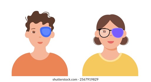 Amblyopia or lazy eye disease. Eyesight check up in the ophthalmology center. Optometry exam concept. Vision diseases, diagnostic and treatment. Human vision problem correction vector illustration