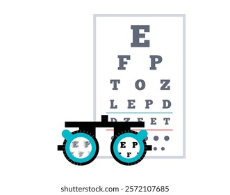 Amblyopia or lazy eye disease. Eyesight check up with ophthalmic trial frame. Optometry exam concept. Vision diseases, diagnostic in the ophthalmology center. Human vision problem correction vector