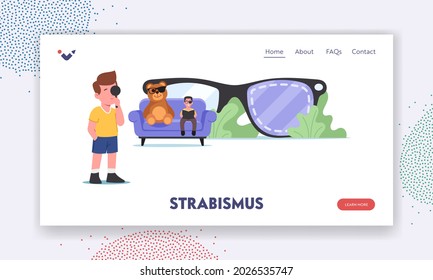 Amblyopia, Strabismus Disease Landing Page Template. Tiny Kids Characters with Sight Disorder at Huge Eyeglasses. Children with Black Patch on Eye, Vision Treatment. Cartoon People Vector Illustration