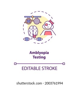 Icono de concepto de prueba de amblyopía. Detección de ojos para niños. La causa más común de los niños pérdida de visión idea de la delgada línea ilustración. Dibujo de color RGB con contorno aislado del vector. Trazo editable