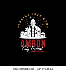 Ambon City of Music Skyline with Guitar Instrument for Music Fest Festival Logo Design