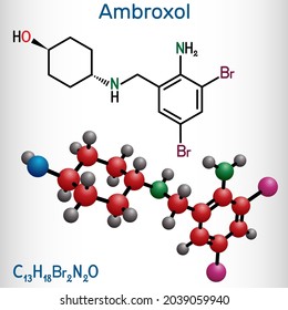 Molécula del fármaco mucoactivo de Ambroxol. Se trata de aminas aromáticas, secretolíticas y secretomotípicas utilizadas en el tratamiento de enfermedades respiratorias. Ilustración del vector