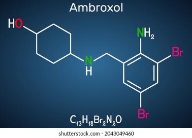 Molécula del fármaco mucoactivo de Ambroxol. Se trata de aminas aromáticas, secretolíticas y secretomotípicas utilizadas en el tratamiento de enfermedades respiratorias. Fórmula química estructural en el fondo azul oscuro. 