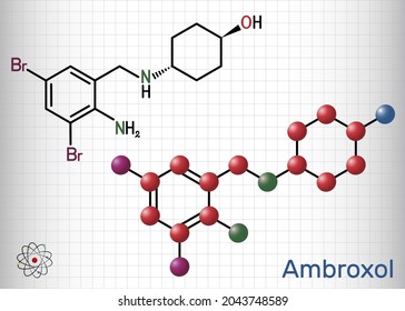 Molécula del fármaco mucoactivo de Ambroxol. Se trata de aminas aromáticas, secretolíticas y secretomotípicas utilizadas en el tratamiento de enfermedades respiratorias. Hoja de papel en una jaula. Ilustración del vector