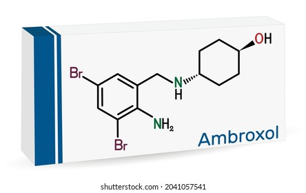 Molécula del fármaco mucoactivo de Ambroxol. Es un agente secretolítico y secretomotípico utilizado en el tratamiento de enfermedades respiratorias. Fórmula química esquelética. Empaquetado de papel para medicamentos. Ilustración del vector