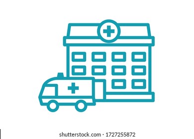 Ambulance arrived at hospital - flat pictogram illustraion. Rescue van car ride to hospital for medical service. Medicine Emergency assistance. Patient in automobile Transportation to clinic for aid