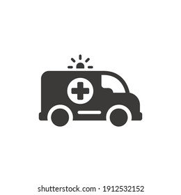 Ambulance black vector icon. First aid vehicle, medical help symbol.