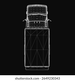 Ambulance blueprint on black background highlights the vehicle's detailed structure with clearly outlined doors, wheels, and emergency lights. The technical vector illustration provides a top-down.