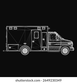 Ambulance blueprint on black background features a detailed outline of the vehicle, including body structure and wheels. The design highlights essential emergency vehicle components with precision.