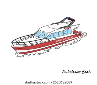 Ambulanzboot, Vektorkunst für Wanddekoration. realistische Bilder zum Transport. Handgezeichneter Seeverkehr einzeln. für Raumdekoration, Veranstaltungen usw.