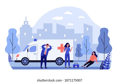 Ambulance brigade arriving to assist injured person. Woman with broken leg sitting outside flat vector illustration. Emergency, first aid concept for banner, website design or landing web page