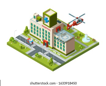 Ambulance building. Emergency transport helicopter on hospital roof helipad vector healthcare isometric