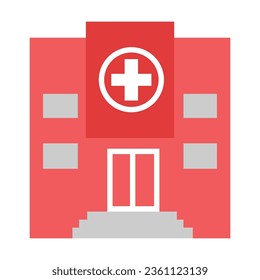 Vista frontal del edificio de ambulancias. Icono vectorial plano multicolor que representa el concepto de artículos medicinales aislados en fondo blanco