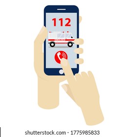  Ambulance call 112 on smartphone screen in hands. Flat illustration on white background. Concept for application, mobile site, business, medical center, emergency care, patient, hospital, hospital.