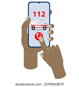  Ambulance call 112 on smartphone screen in black hands. Flat illustration on white background. Concept for application,  medical center, emergency care. 