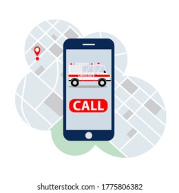  Ambulance and call button on smartphone screen on city map background. lat style.Illustration on white background. Concept for the application of business, hospital, hospital, medical center, charity