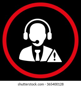 Ambulance Call Center vector icon. Style is bicolor flat circled symbol, red and white colors, rounded angles, black background.