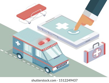 Ambulance call isometric background with smartphone and hand vector illustration