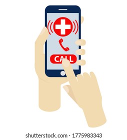  Ambulance call on smartphone screen in hands. Flat illustration on white background. Concept for application, mobile site, business, medical center, emergency care, patient, hospital, hospital.