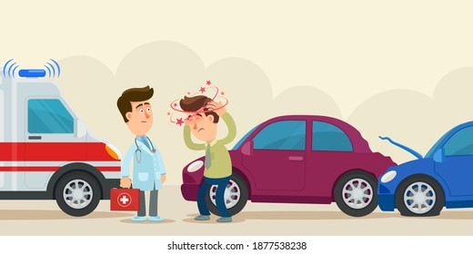 An ambulance car arrived at the scene of the car accident. Doctor will help injured driver after car crash. Medical vector illustration, flat design, cartoon style.