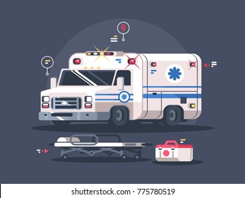 Ambulance car with bright flasher. Stretcher for patient and first-aid kit. Vector illustration