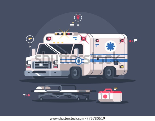 Ambulance car with bright flasher.\
Stretcher for patient and first-aid kit. Vector\
illustration