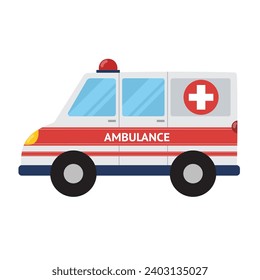 Ambulance car in cartoon style for kids. Medical transport isolated on white background. Emergency vehicle clipart. Vector illustration