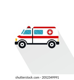 Ambulance Car Cartoon Symbol With Long Shadow. Emergency Medical Vehicle Vector Design.