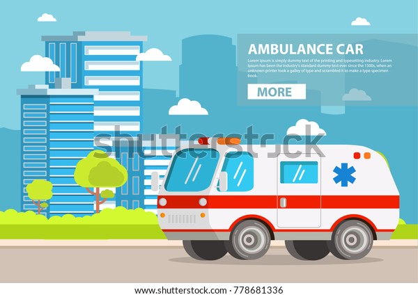 Ambulance car. City\
landscape with skyscrapers.Hospital transport medical care\
clinic.Urgency and emergency service vehicle.Vector in flat\
style.The van with signal\
lights