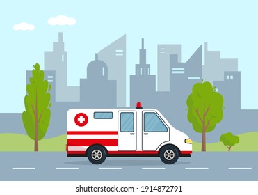 Ambulance car in city. Medical vehicle or emergency service concept. Vector illustration.