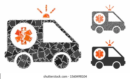 Ambulance car composition of ragged elements in different sizes and shades, based on ambulance car icon. Vector rough elements are organized into collage.