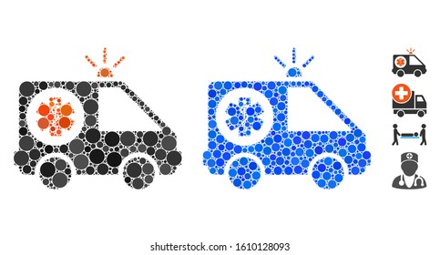 Ambulance car composition of small circles in different sizes and color tones, based on ambulance car icon. Vector small circles are united into blue collage.