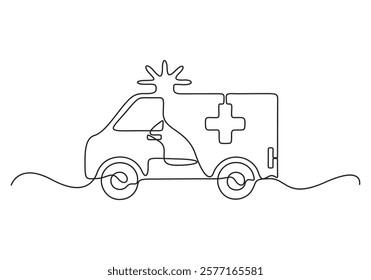 Ambulance car continuous one line drawing isolated on white vector illustration