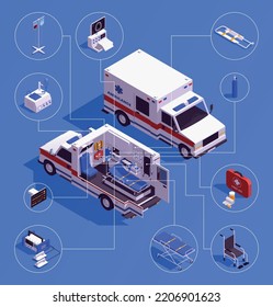 Ambulance Car In Cut Isometric Infographics Background Depicting Transport Equipped With Modern High Tech Medical Equipment Vector Illustration