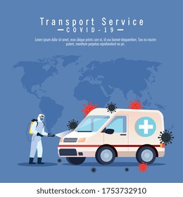 ambulance car disinfection service, prevention coronavirus covid 19, clean surfaces in car with a disinfectant spray, person with biohazard suit vector illustration design