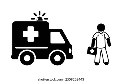 ambulance, car and doctor, isolated icons on transparent