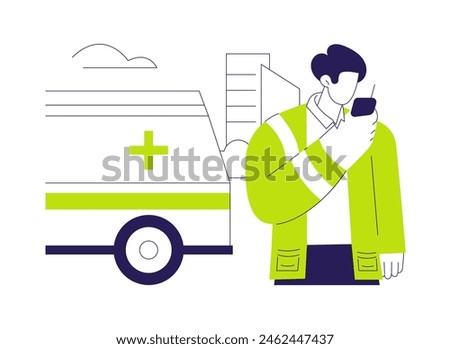Ambulance car driver abstract concept vector illustration. Ambulance vehicle driver speaking to the radio, emergency call, industrial transportation, healthcare sector abstract metaphor.