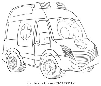 Auto de ambulancia. Elemento para colorear página. Estilo de caricatura.