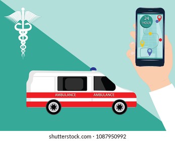 Ambulance car - emblem of Caduceus - in hand a smartphone with on-line geolocation -flat style - art vector