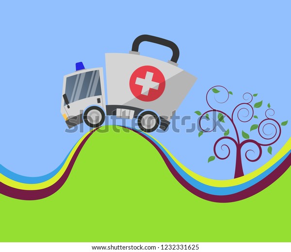 Ambulance car emergency auto as first aid kit,\
vector illustration\
flat