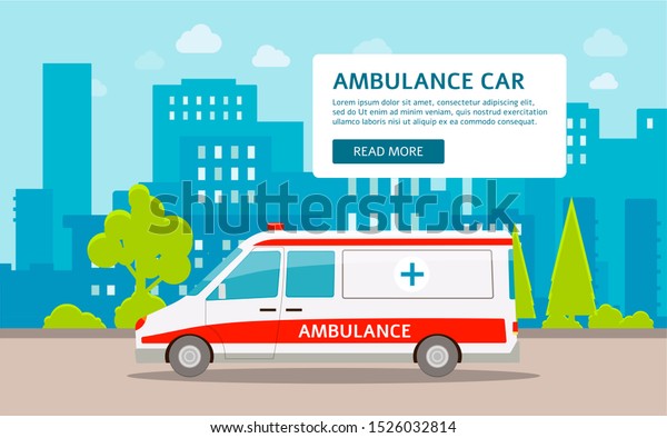 Ambulance car an emergency
medical healthcare service transportation on the backdrop of
cityscape flat vector illustration. Background with first aid
vehicle for apps.
