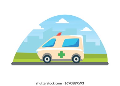 Ambulance Car, Emergency Medical Service Vehicle on City Landscape Background Vector Illustration