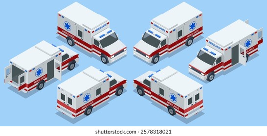 Ambulance Car. An emergency medical service, administering emergency care to those with acute medical problems. Side view, top, roof, rear, front. Vector illustration